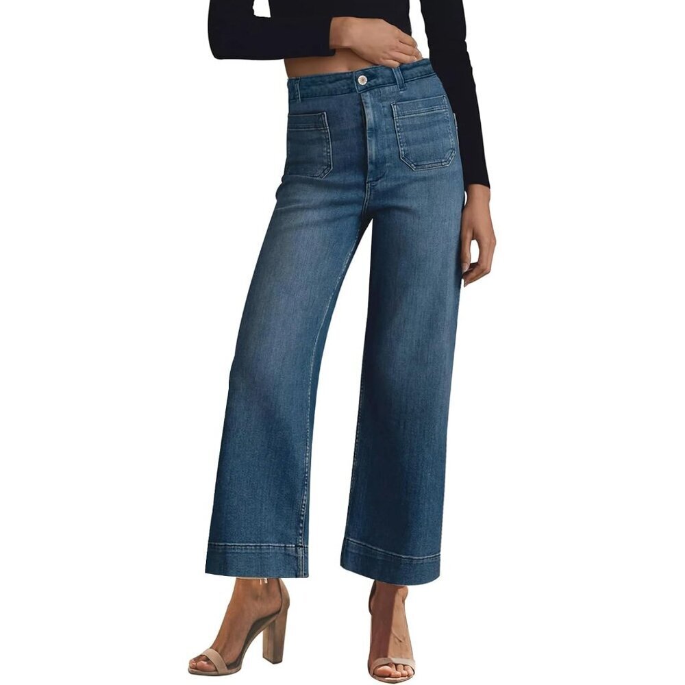 Women’s Wide Leg High Waisted Denim Jeans Stretchy Baggy Ankle Casual